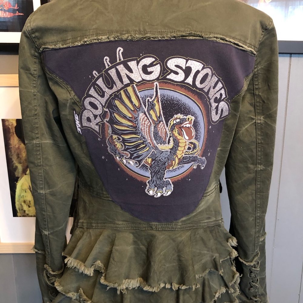 The Rolling Stones Up-Cycled Green Ruffle Peplum Jacket Women’s Size Medium